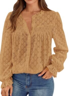PrettyGarden  Tan Lace-Trim Long Sleeve Blouse Sz XL Women